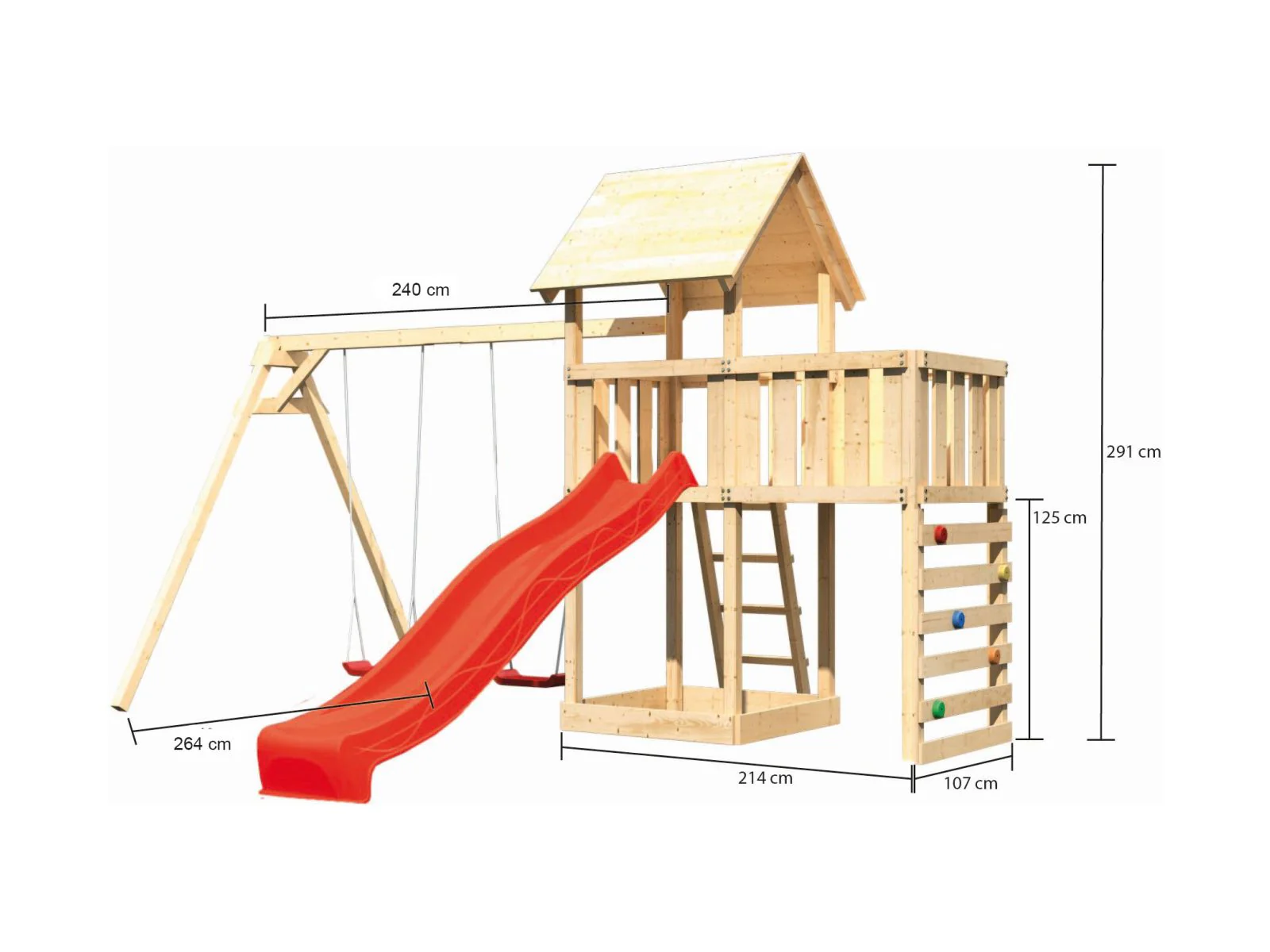 Karibu Spielturm Lotti Satteldach + Rutsche rot + Doppelschaukel + Anbauplattform + Kletterwand - Image 2