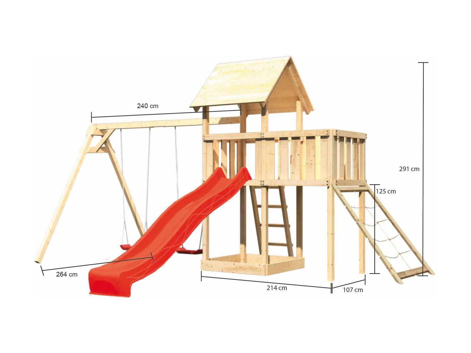 Karibu Spielturm Lotti Satteldach + Rutsche rot + Doppelschaukel + Anbauplattform + Netzrampe - Image 2
