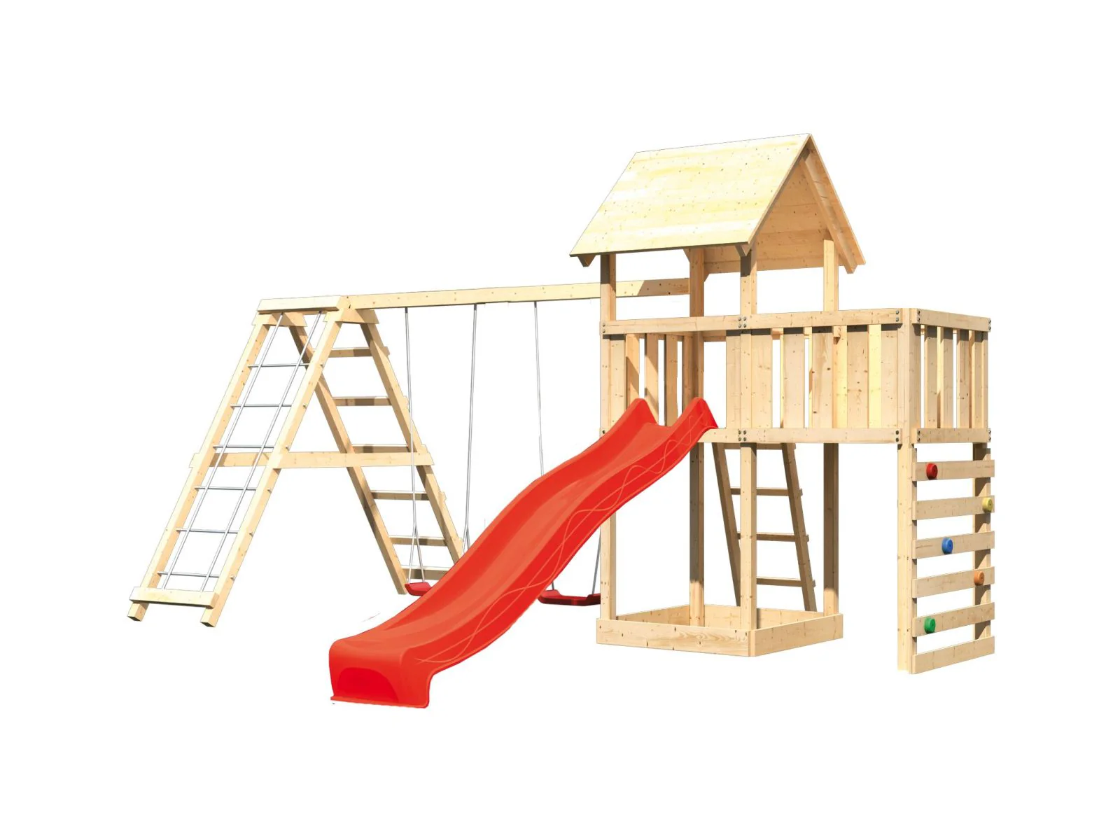 Karibu Spielturm Lotti Satteldach + Rutsche rot + Doppelschaukel Klettergerüst + Anbauplattform + Kl - Image 4