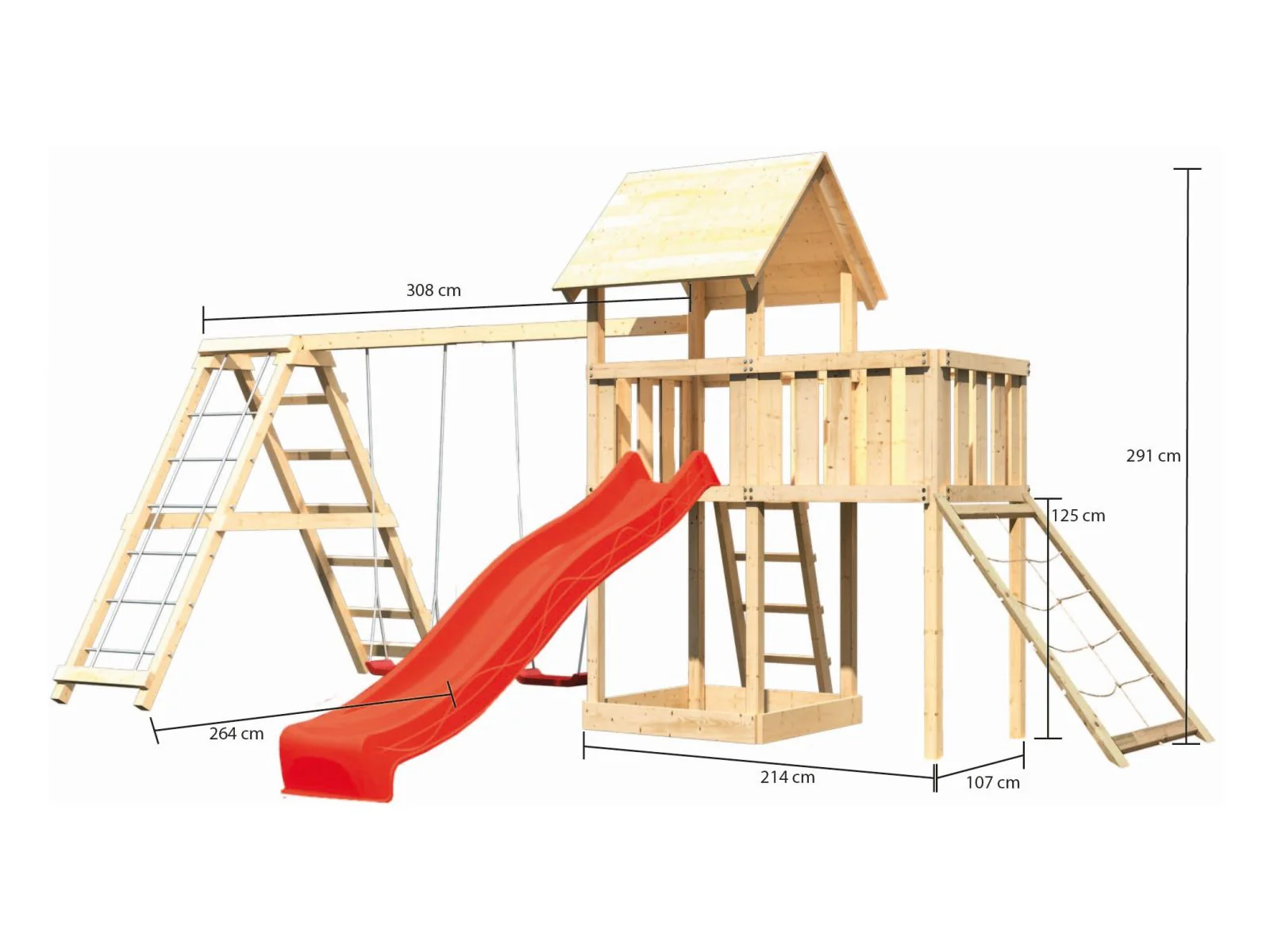 Karibu Spielturm Lotti Satteldach + Rutsche rot + Doppelschaukelanbau Klettergerüst + Anbauplattform - Image 2