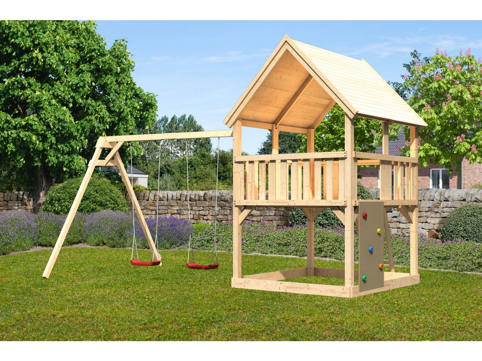 Karibu Spielturm Luis Satteldach + Doppelschaukel + Kletterwand