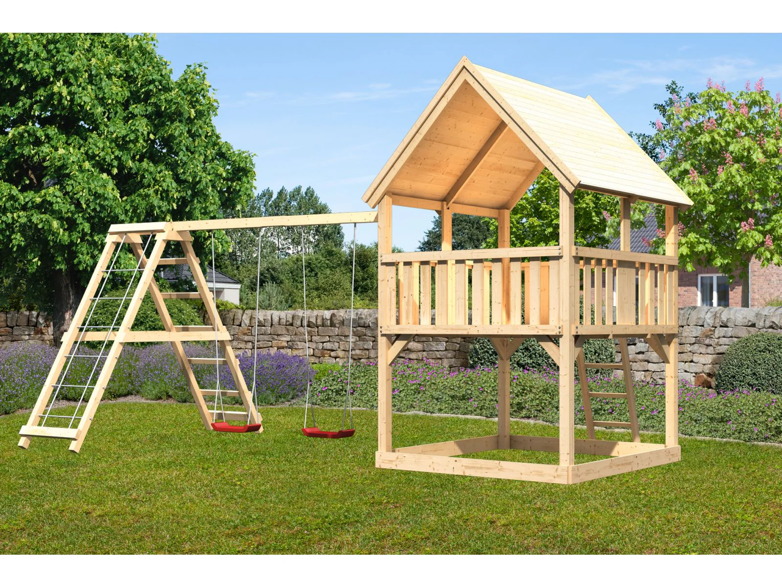Karibu Spielturm Luis Satteldach + Doppelschaukelanbau Klettergerüst