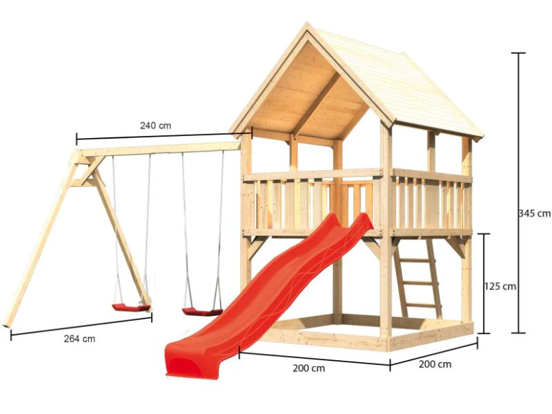Karibu Spielturm Luis Satteldach + Rutsche rot + Doppelschaukel - Image 2