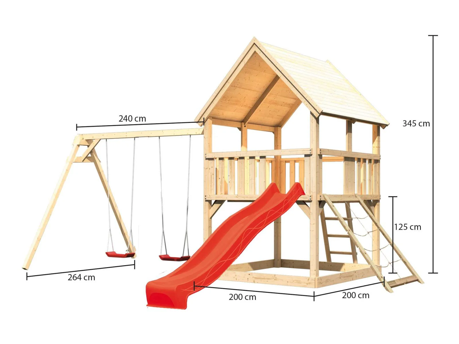 Karibu Spielturm Luis Satteldach + Rutsche rot + Doppelschaukel + Netzrampe - Image 2
