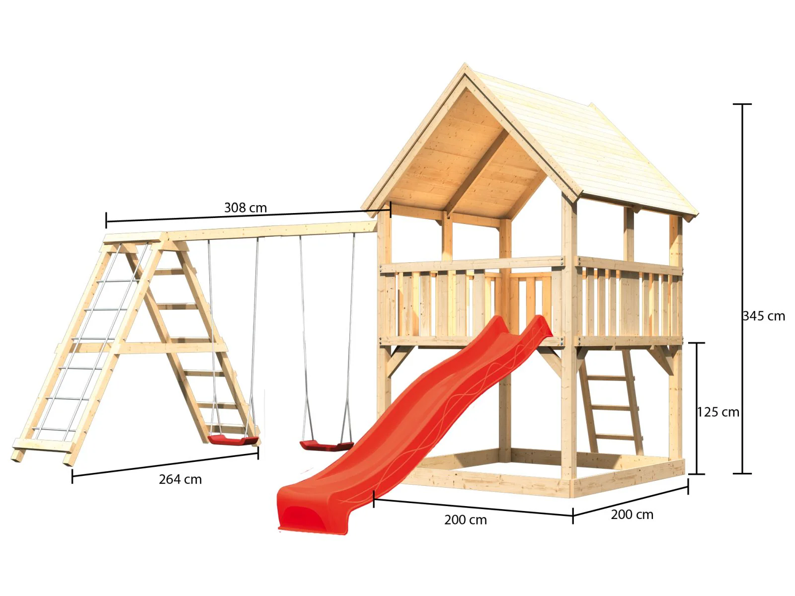 Karibu Spielturm Luis Satteldach + Rutsche rot + Doppelschaukelanbau Klettergerüst - Image 2