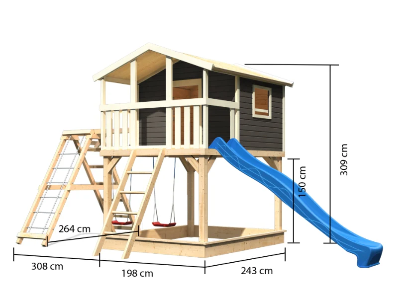 Karibu Stelzenhaus Benjamin grau mit Rutsche in blau und Doppelschaukelanbau mit Klettergerüst und N - Image 2