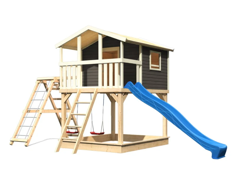 Karibu Stelzenhaus Benjamin grau mit Rutsche in blau und Doppelschaukelanbau mit Klettergerüst und N - Image 3