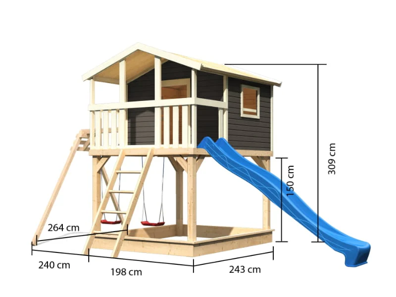 Karibu Stelzenhaus Benjamin in grau mit Rutsche in blau und Doppelschaukelanbau - Image 2