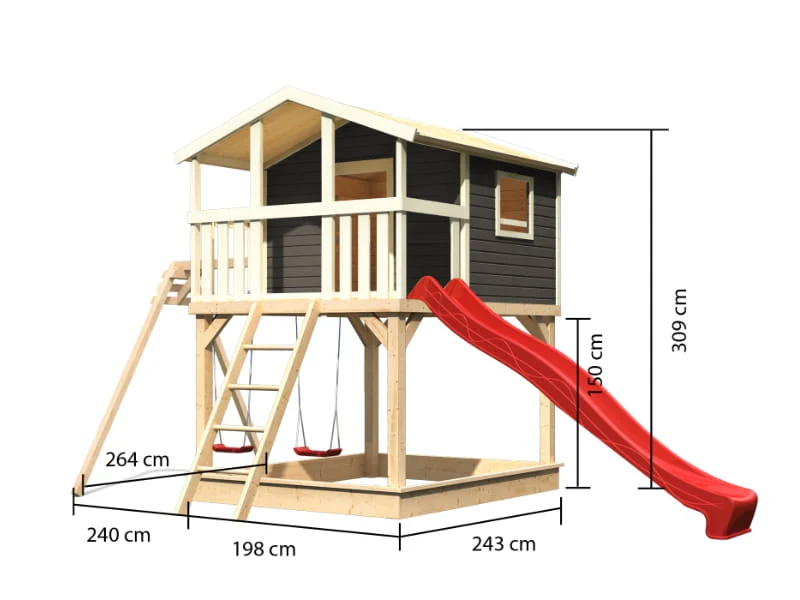 Karibu Stelzenhaus Benjamin in grau mit Rutsche in rot und Doppelschaukelanbau - Image 2