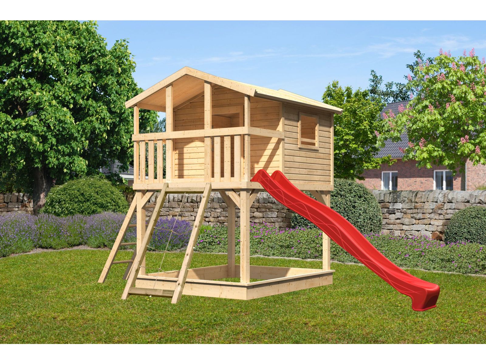 Karibu Stelzenhaus Benjamin natur mit Netzrampe und Rutsche in rot