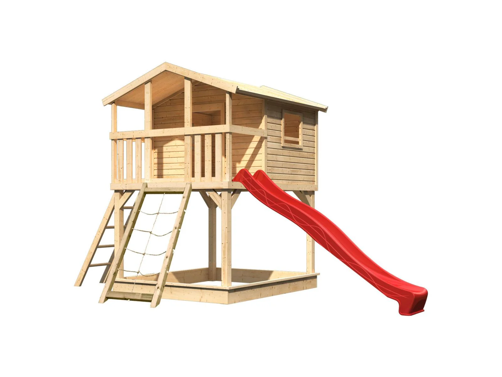 Karibu Stelzenhaus Benjamin natur mit Netzrampe und Rutsche in rot - Image 3