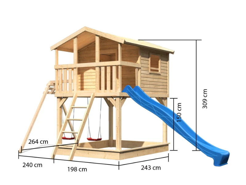 Karibu Stelzenhaus Benjamin natur mit Rutsche in blau und Doppelschaukelanbau - Image 3