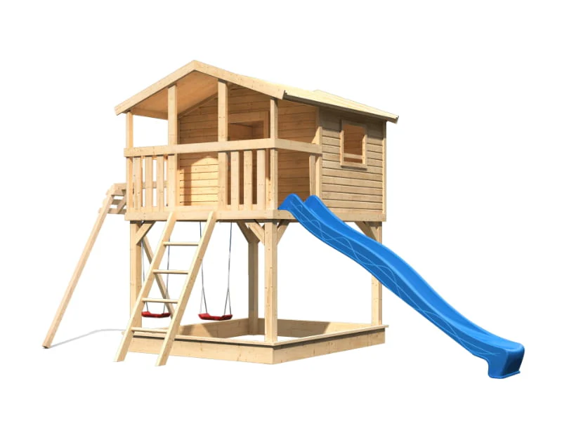 Karibu Stelzenhaus Benjamin natur mit Rutsche in blau und Doppelschaukelanbau - Image 4