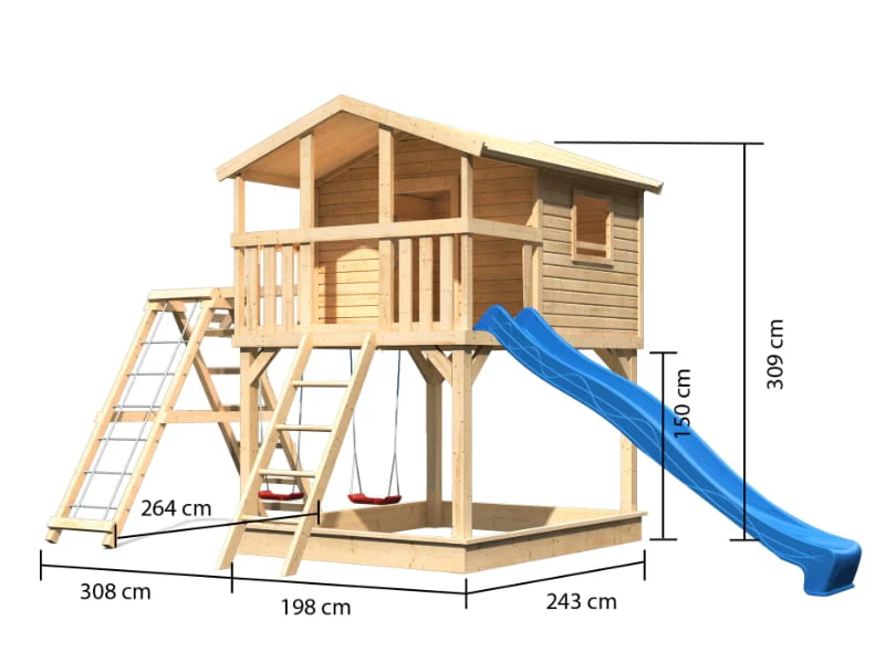Karibu Stelzenhaus Benjamin natur mit Rutsche in blau und Doppelschaukelanbau mit Klettergerüst und - Image 2