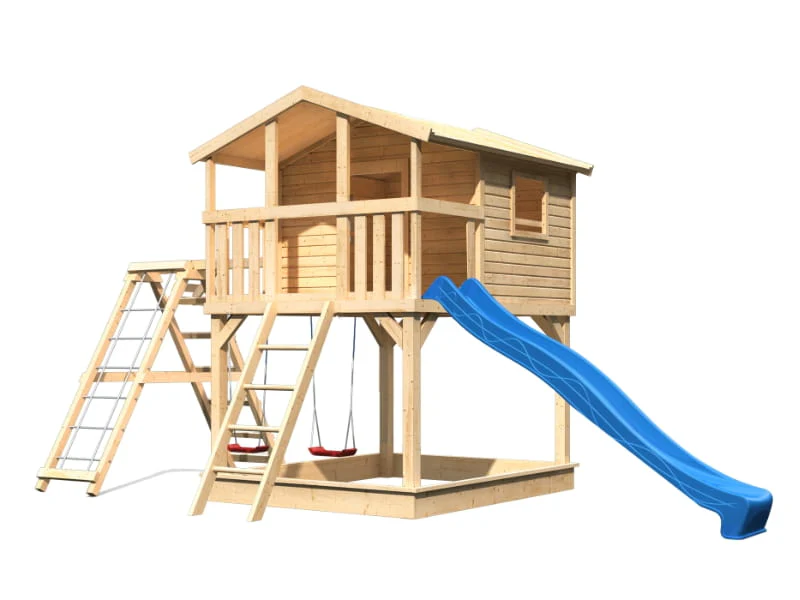Karibu Stelzenhaus Benjamin natur mit Rutsche in blau und Doppelschaukelanbau mit Klettergerüst und - Image 3