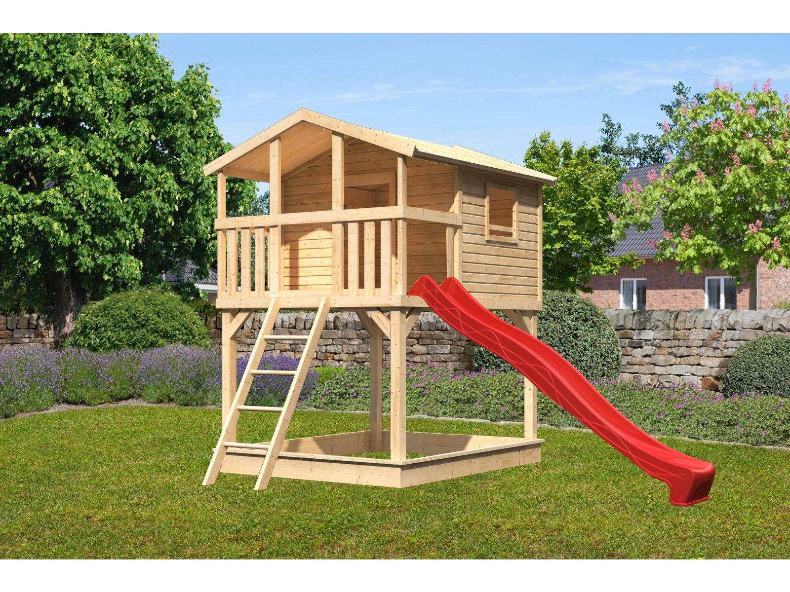Karibu Stelzenhaus Benjamin natur mit Rutsche in rot