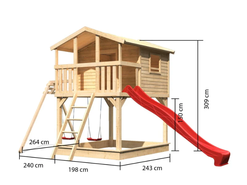 Karibu Stelzenhaus Benjamin natur mit Rutsche in rot und Doppelschaukelanbau - Image 2