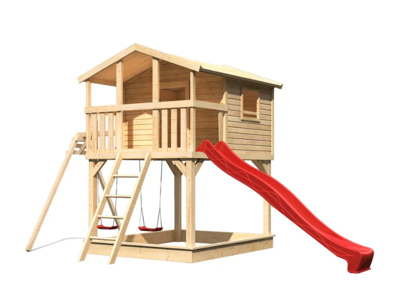 Karibu Stelzenhaus Benjamin natur mit Rutsche in rot und Doppelschaukelanbau - Image 3