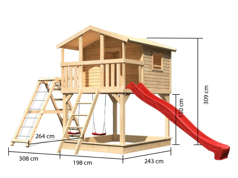 Karibu Stelzenhaus Benjamin natur mit Rutsche in rot und Doppelschaukelanbau mit Klettergerüst und N - Image 2