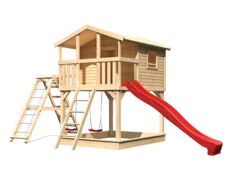 Karibu Stelzenhaus Benjamin natur mit Rutsche in rot und Doppelschaukelanbau mit Klettergerüst und N - Image 3