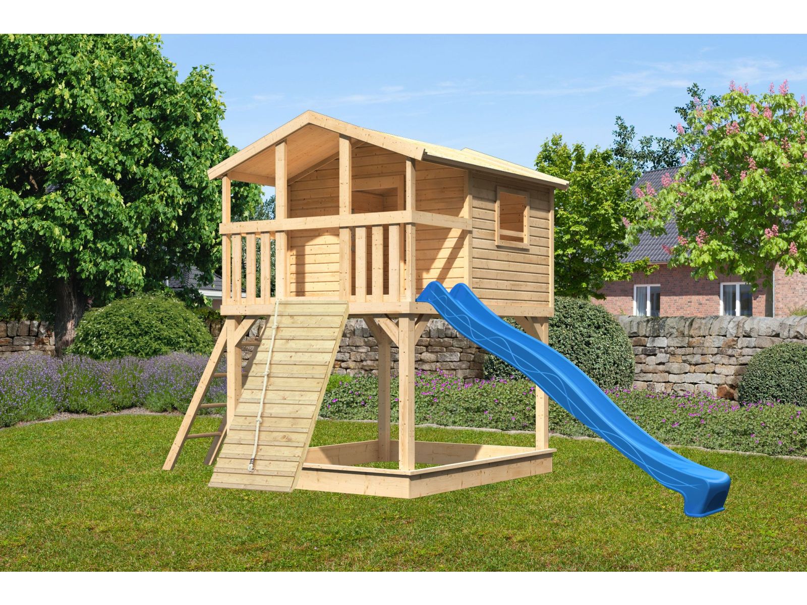 Karibu Stelzenhaus Benjamin naturbelassen + Rutsche blau + Holzrampe - Image 2