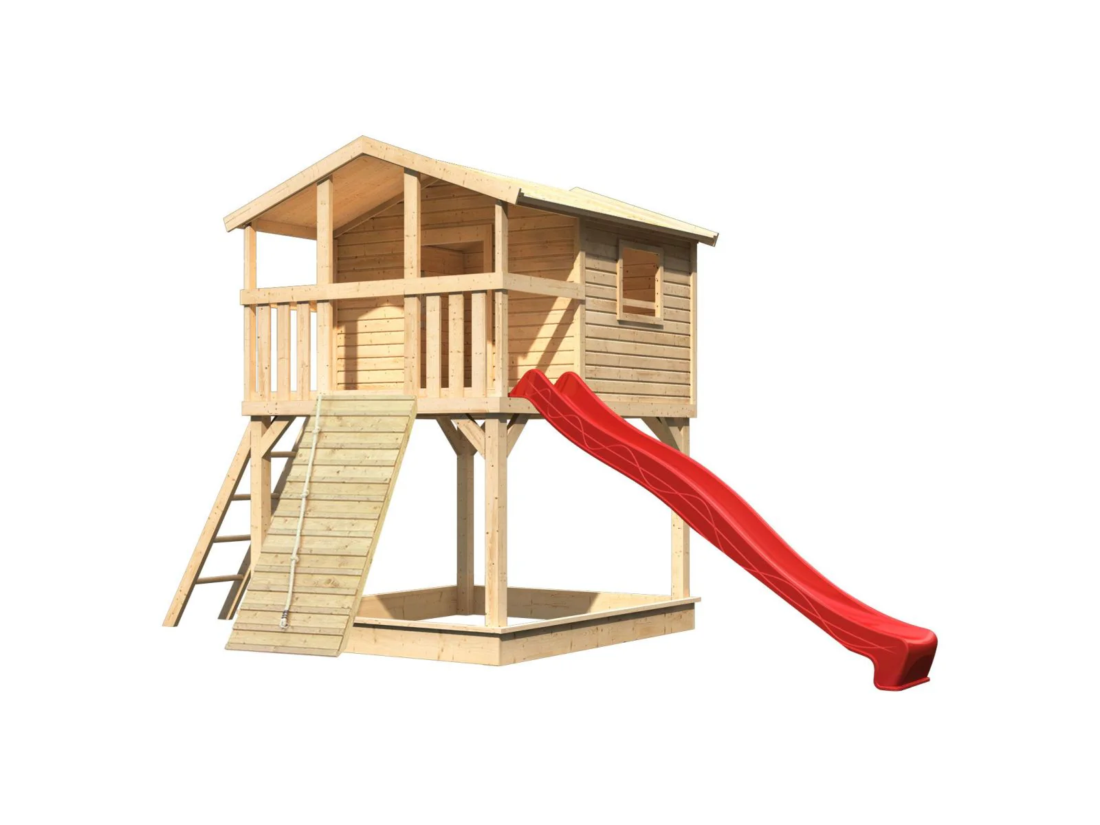 Karibu Stelzenhaus Benjamin naturbelassen + Rutsche rot + Holzrampe - Image 3