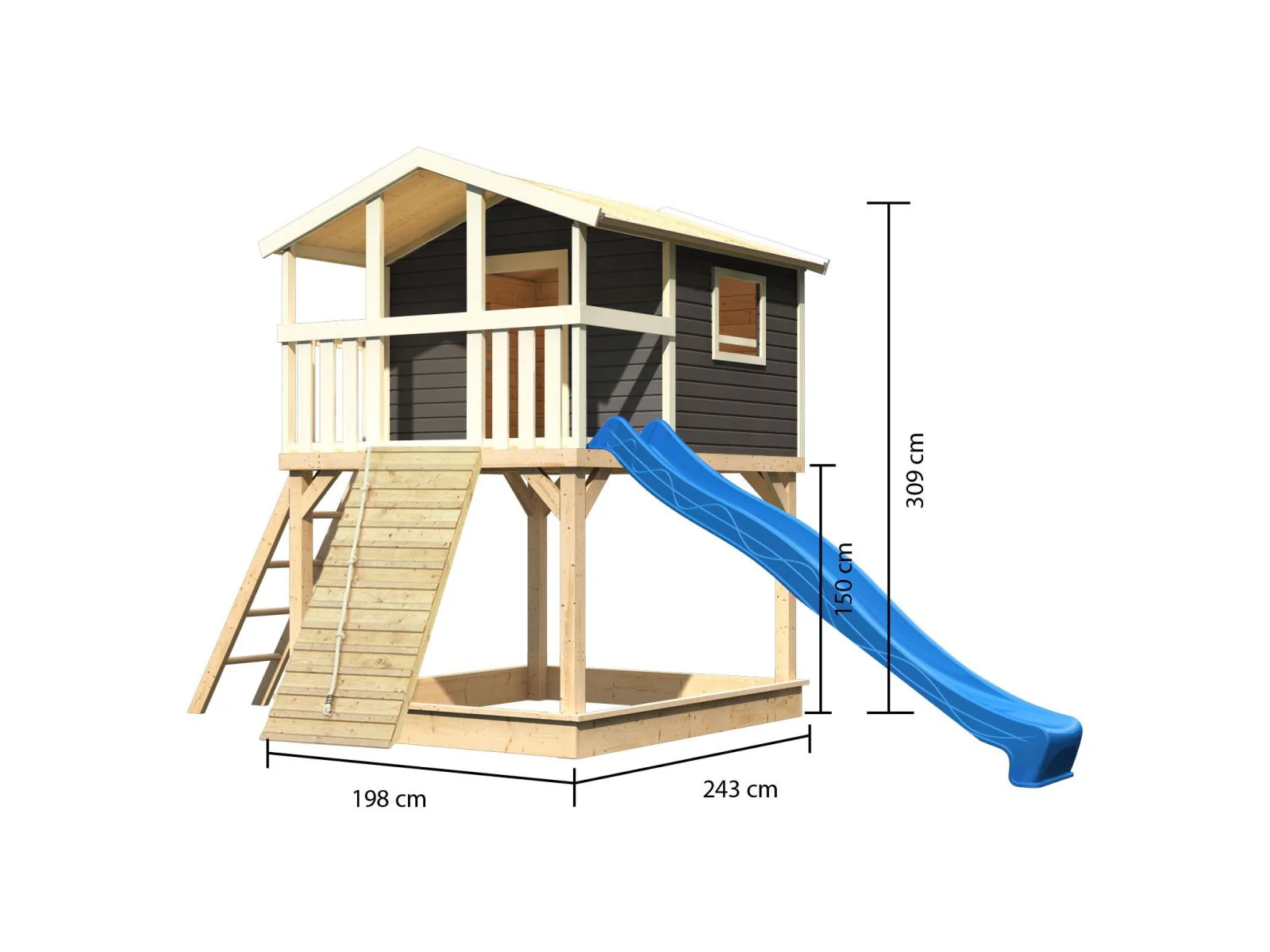 Karibu Stelzenhaus Benjamin terragrau + Rutsche blau + Holzrampe - Image 2