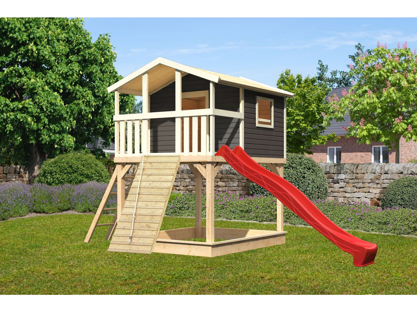 Karibu Stelzenhaus Benjamin terragrau + Rutsche rot + Holzrampe