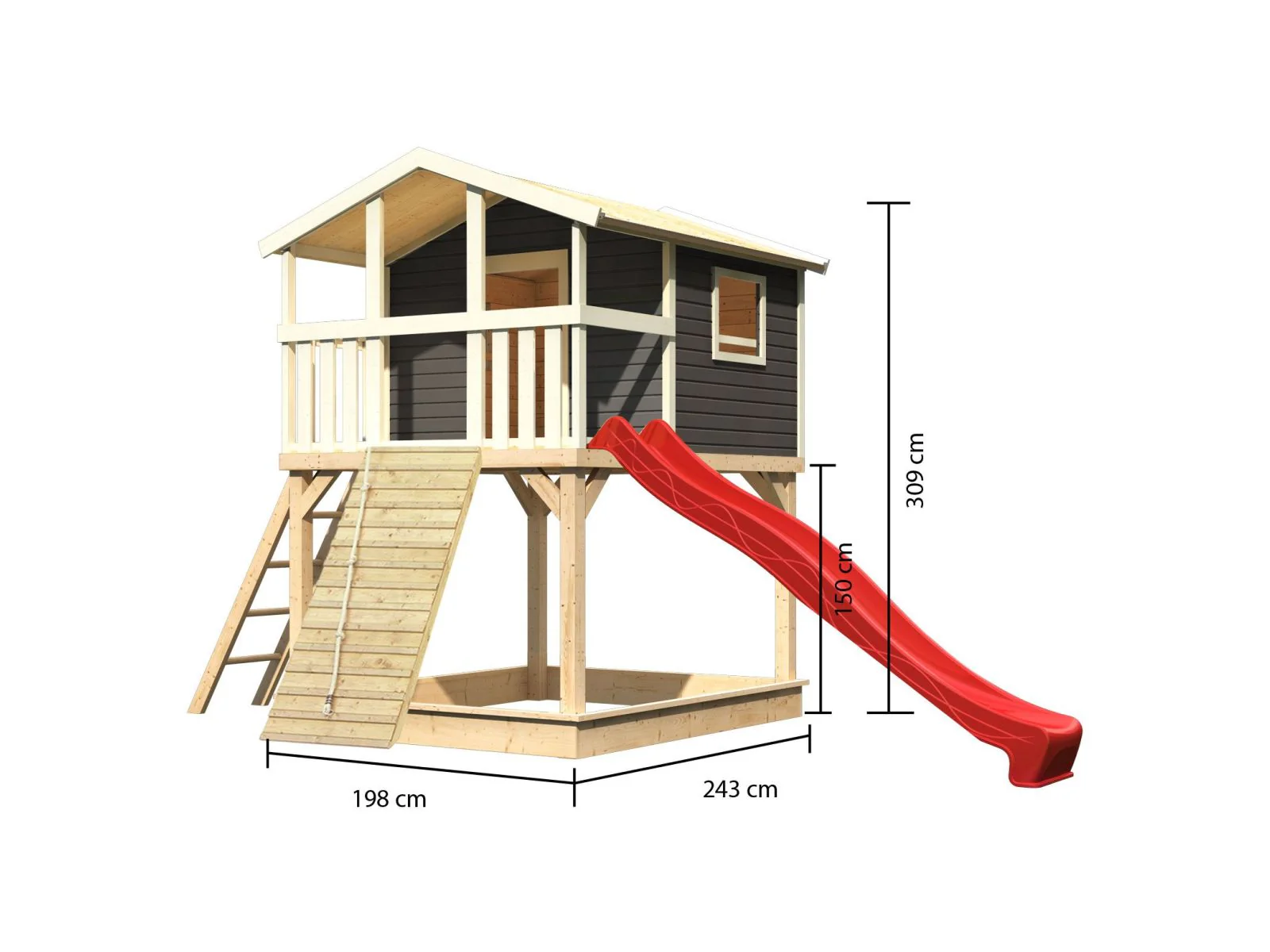 Karibu Stelzenhaus Benjamin terragrau + Rutsche rot + Holzrampe - Image 2
