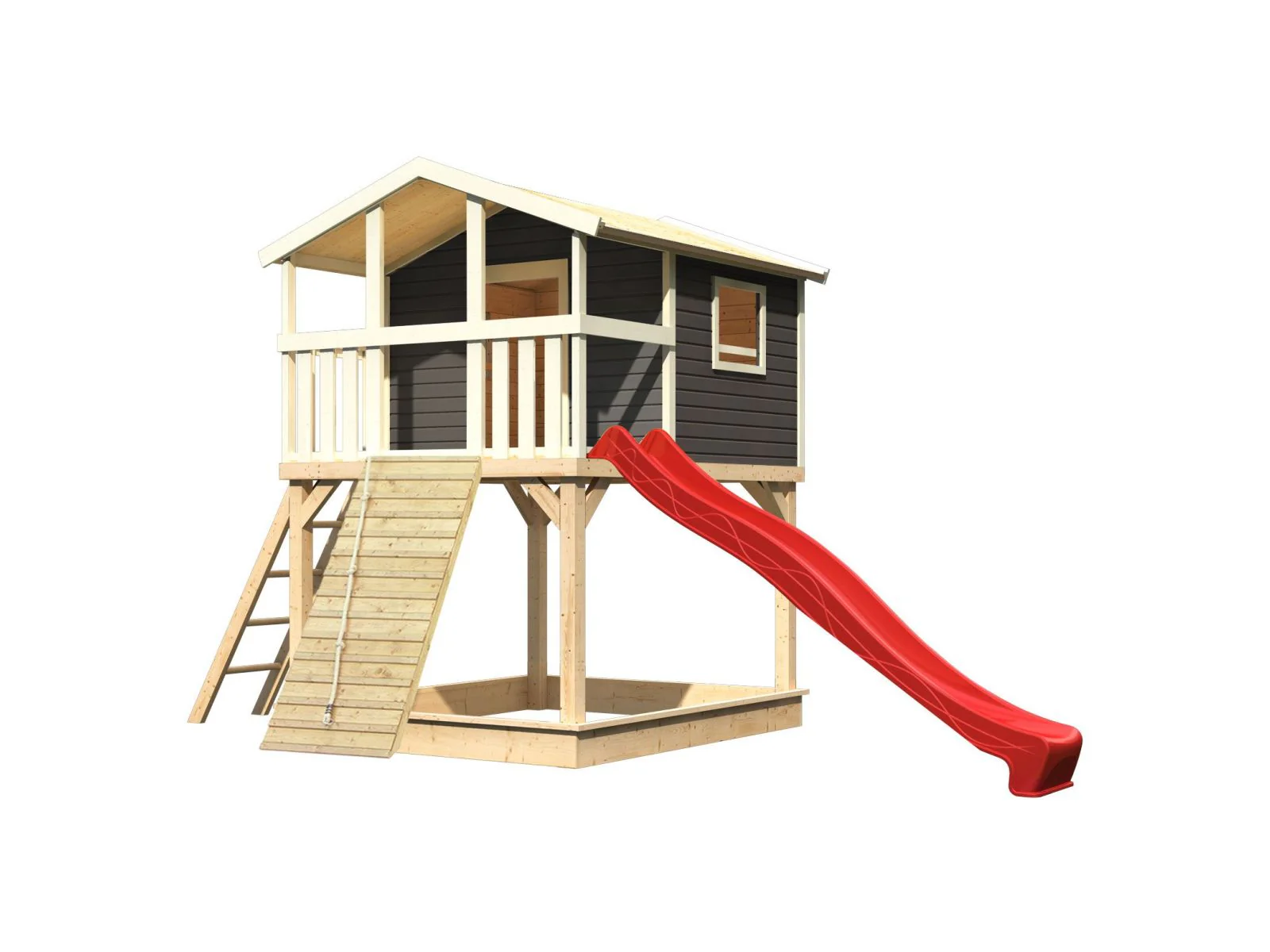 Karibu Stelzenhaus Benjamin terragrau + Rutsche rot + Holzrampe - Image 3