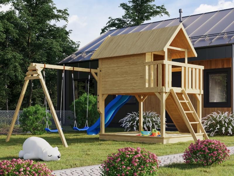 Karibu Stelzenhaus Fidel naturbelassen + Rutsche blau + Doppelschaukelanbau - Image 3