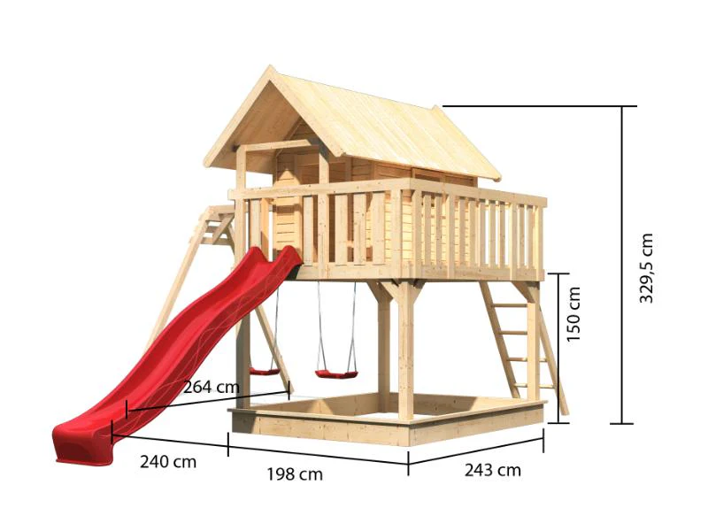 Karibu Stelzenhaus Fidel naturbelassen + Rutsche rot + Doppelschaukelanbau - Image 2