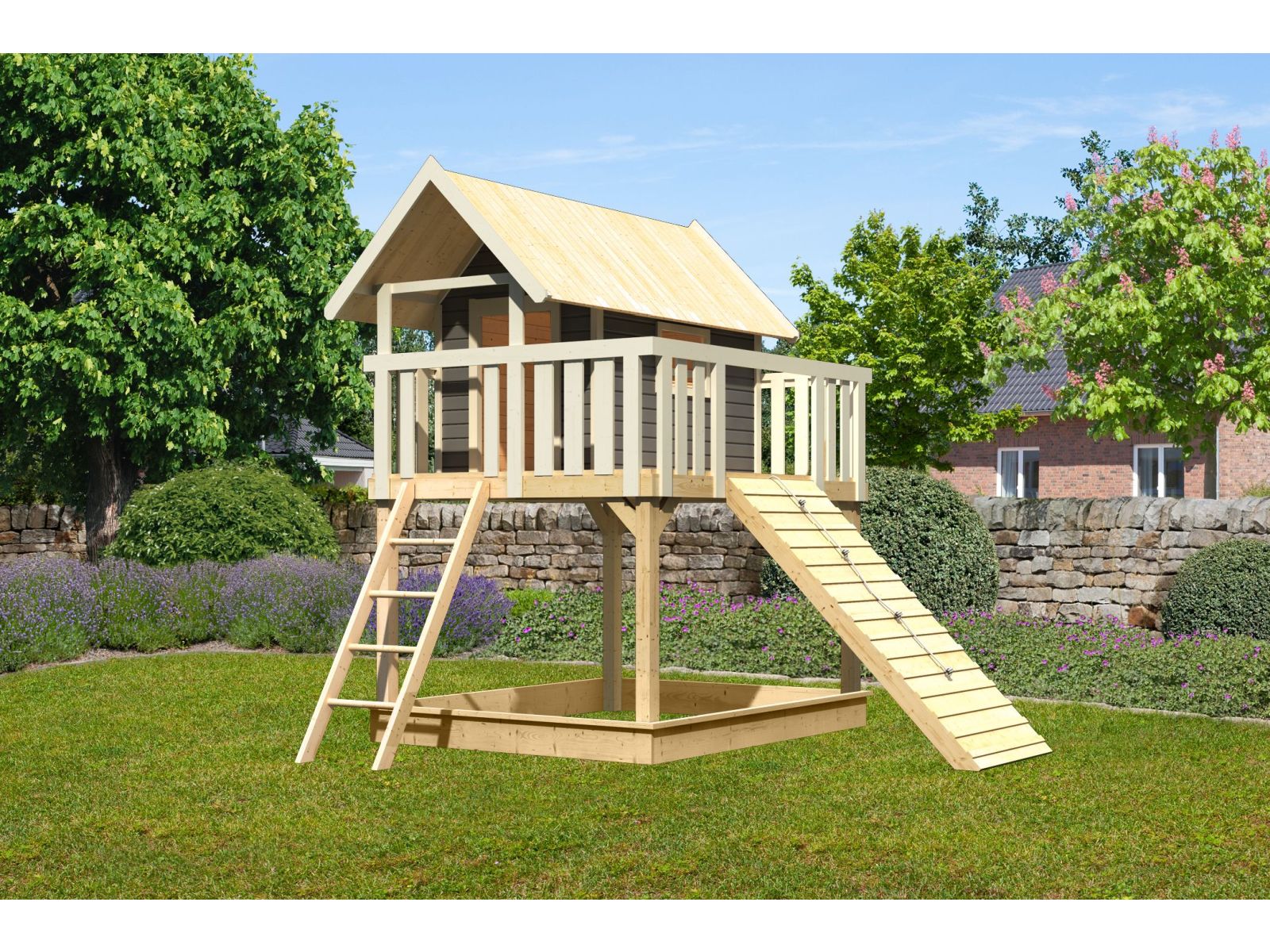 Karibu Stelzenhaus Fidel terragrau + Holzrampe