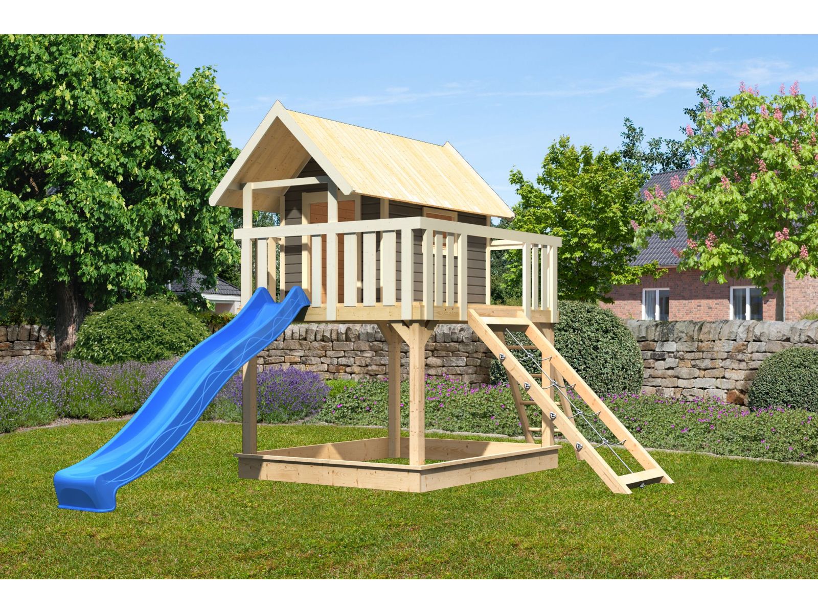 Karibu Stelzenhaus Fidel terragrau + Rutsche blau + Netzrampe