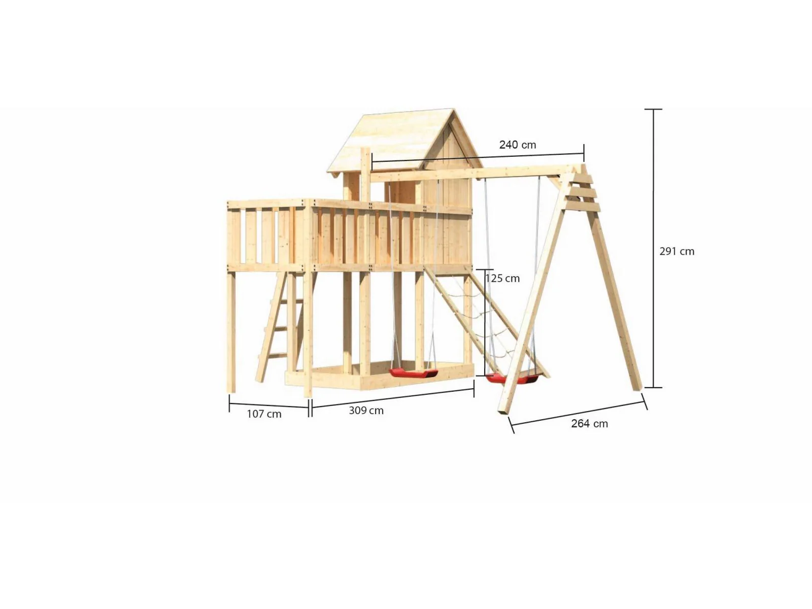 Karibu Stelzenhaus Frieda + Doppelschaukel + Anbauplattform + Netzrampe - Image 2
