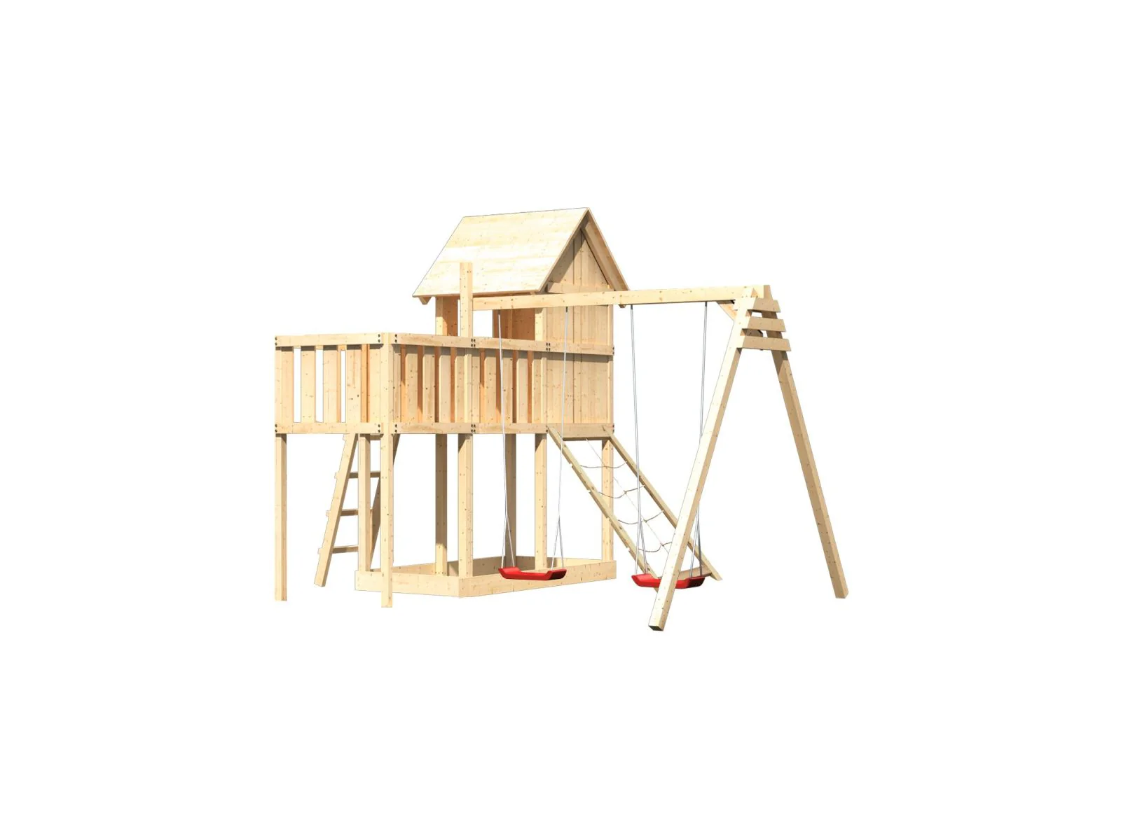 Karibu Stelzenhaus Frieda + Doppelschaukel + Anbauplattform + Netzrampe - Image 4