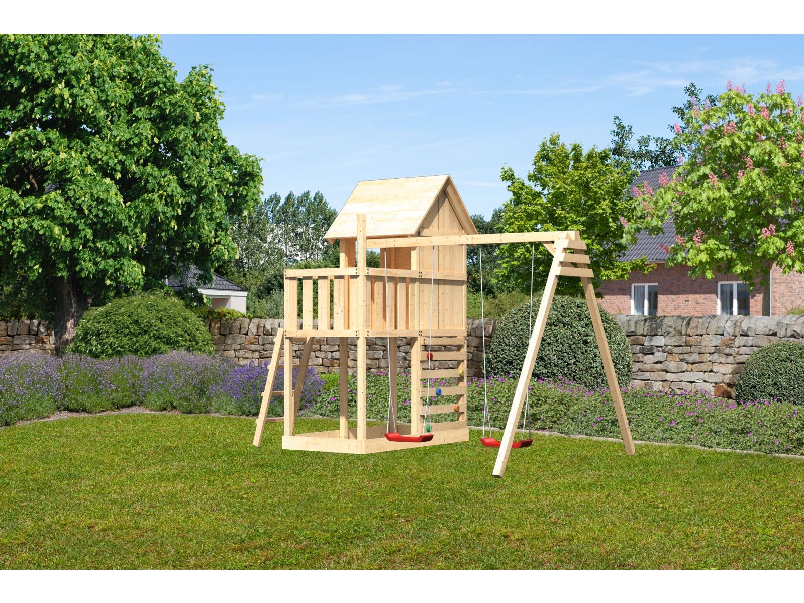 Karibu Stelzenhaus Frieda + Doppelschaukel + Kletterwand