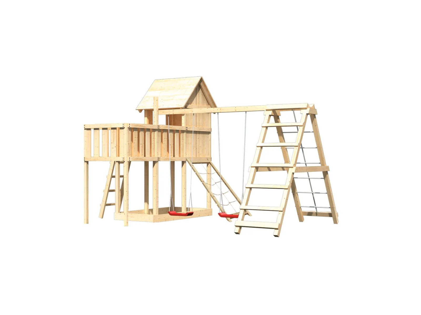 Karibu Stelzenhaus Frieda + Doppelschaukel mit Klettergerüst + Anbauplattform + Netzrampe - Image 4