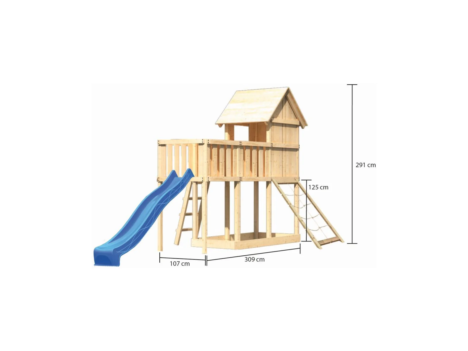 Karibu Stelzenhaus Frieda + Rutsche blau + Anbauplattform + Netzrampe - Image 2