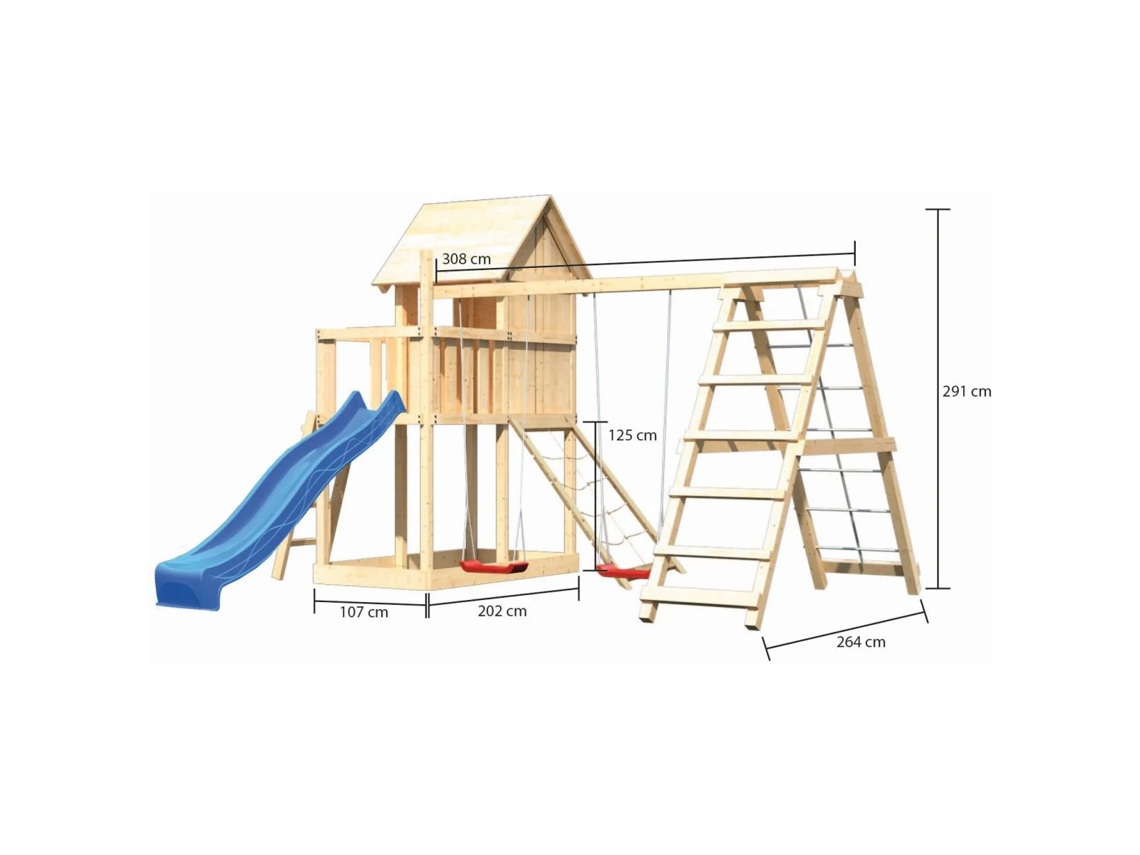 Karibu Stelzenhaus Frieda + Rutsche blau + Doppelschaukel mit Klettergerüst + Netzrampe - Image 2
