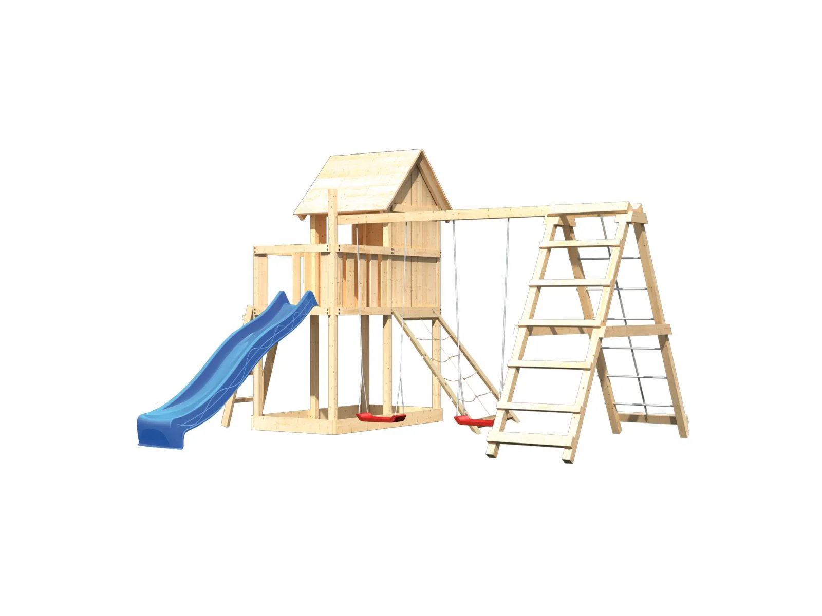 Karibu Stelzenhaus Frieda + Rutsche blau + Doppelschaukel mit Klettergerüst + Netzrampe - Image 4
