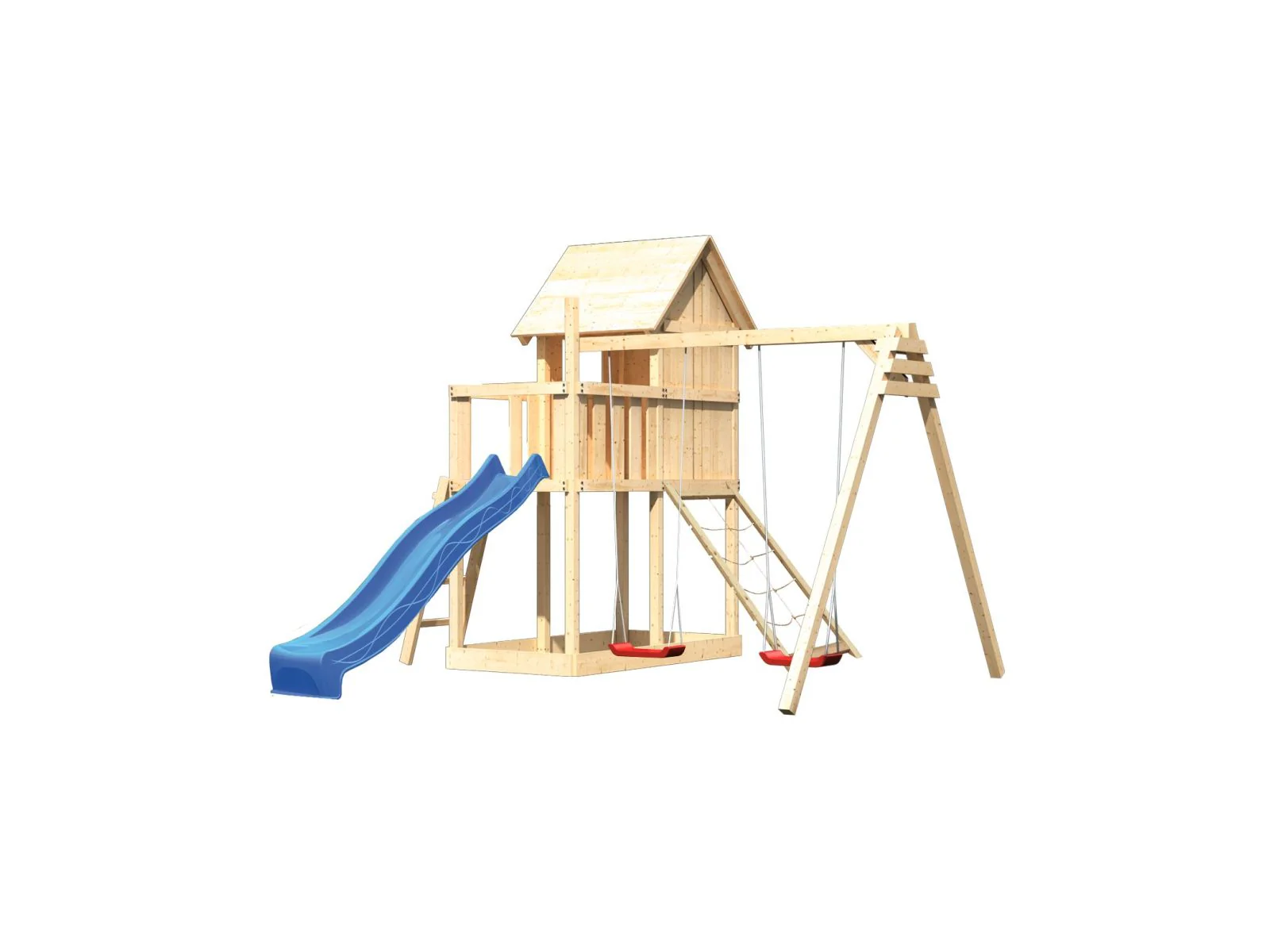 Karibu Stelzenhaus Frieda + Rutsche blau + Doppelschaukel + Netzrampe - Image 5