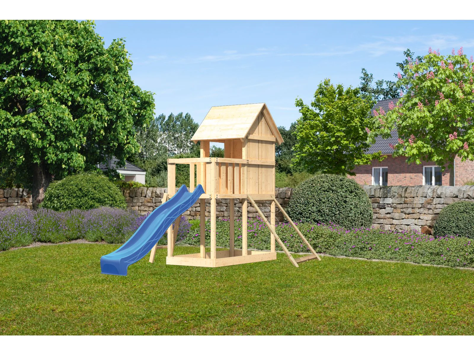 Karibu Stelzenhaus Frieda + Rutsche blau + Netzrampe