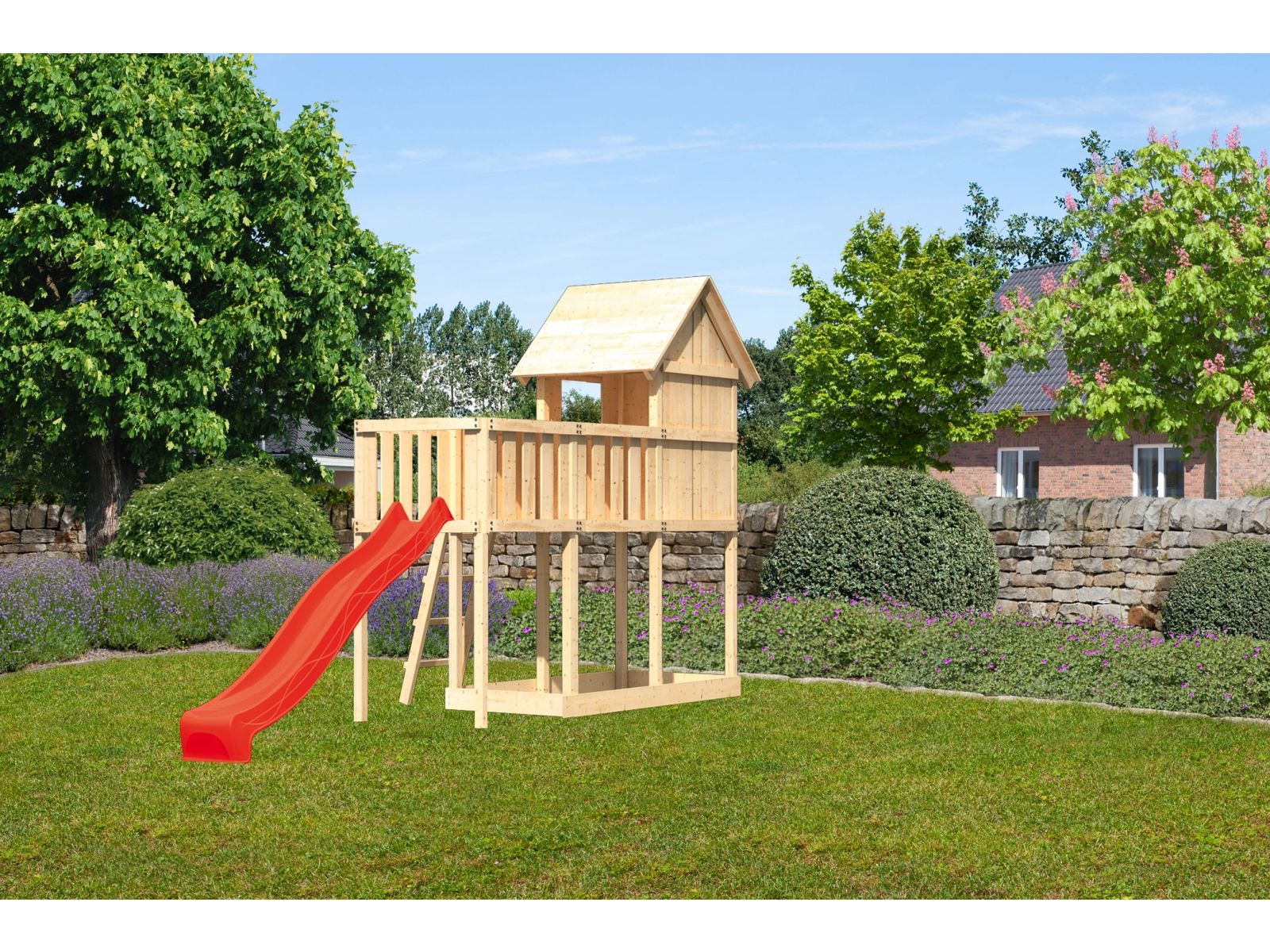 Karibu Stelzenhaus Frieda + Rutsche rot + Anbauplattform