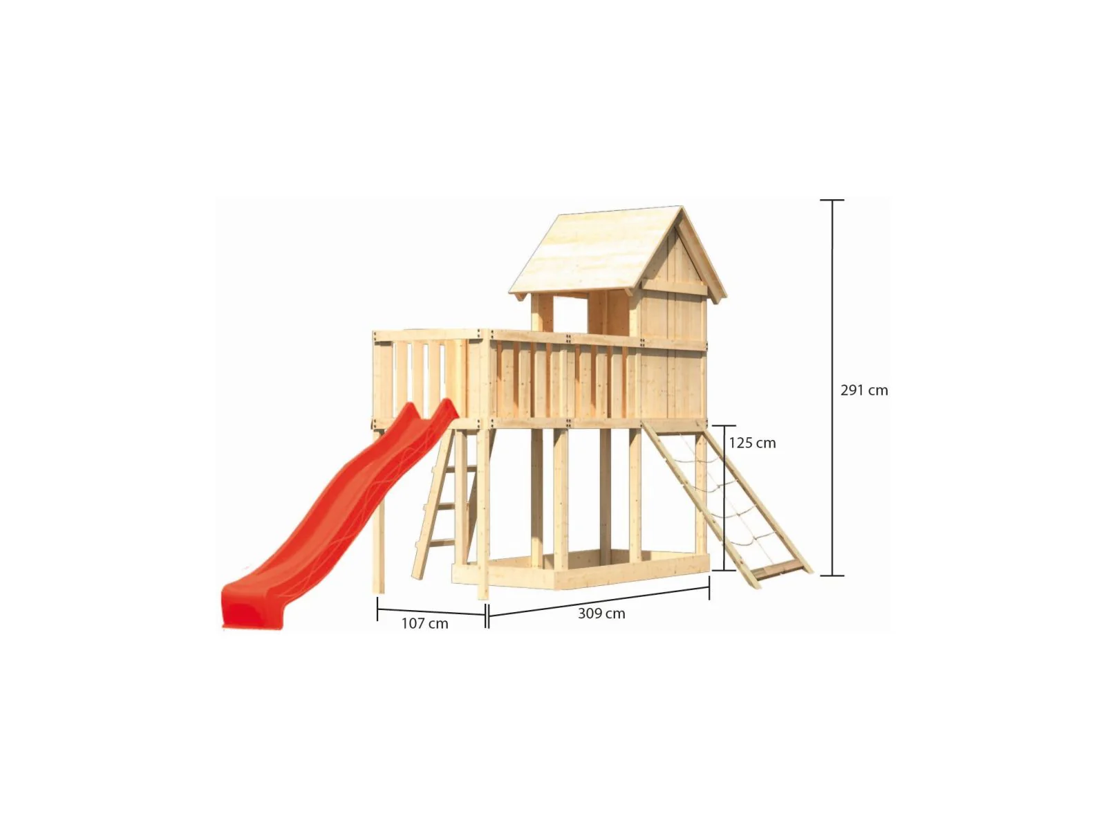 Karibu Stelzenhaus Frieda + Rutsche rot + Anbauplattform + Netzrampe - Image 2