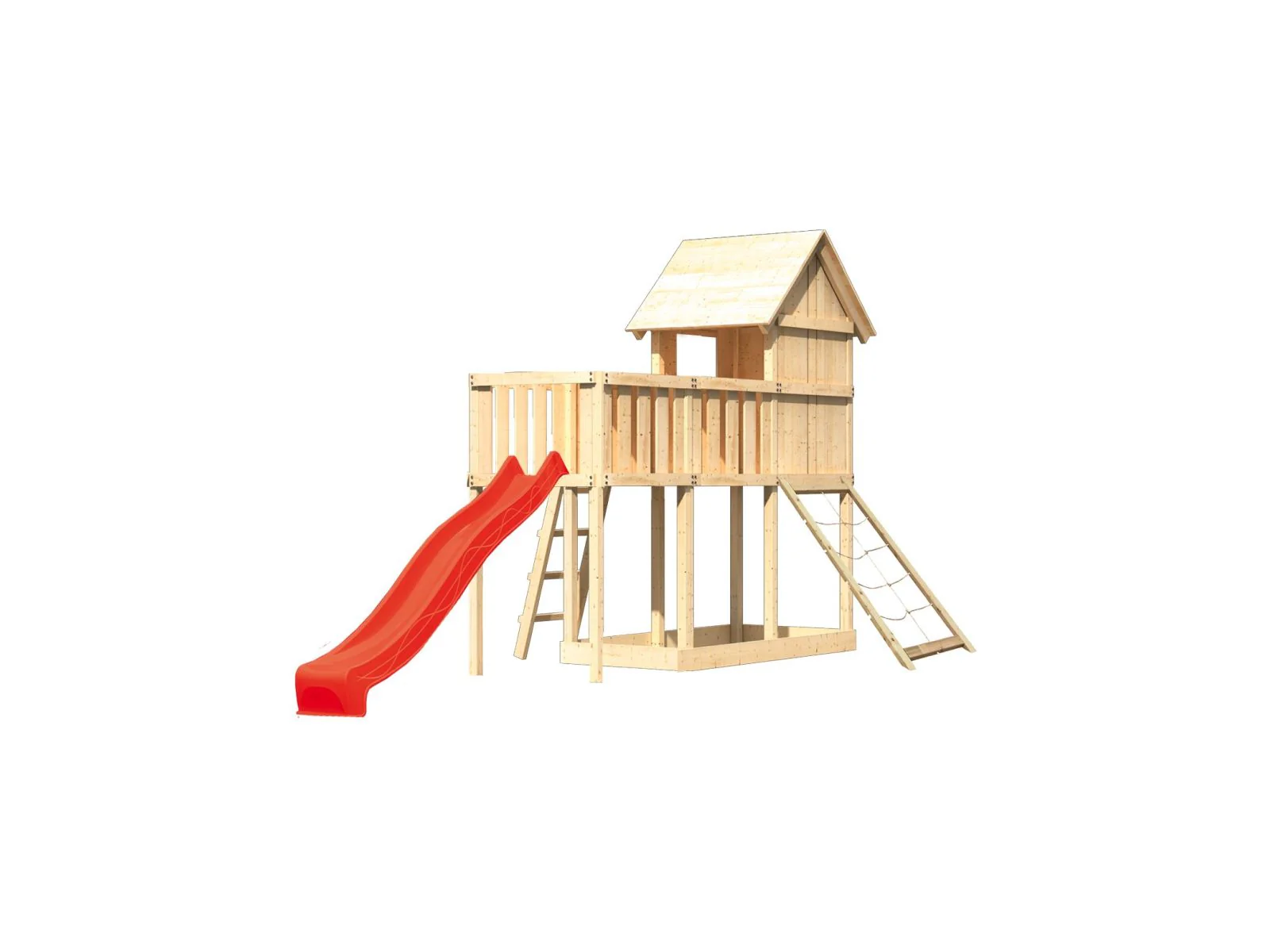 Karibu Stelzenhaus Frieda + Rutsche rot + Anbauplattform + Netzrampe - Image 4