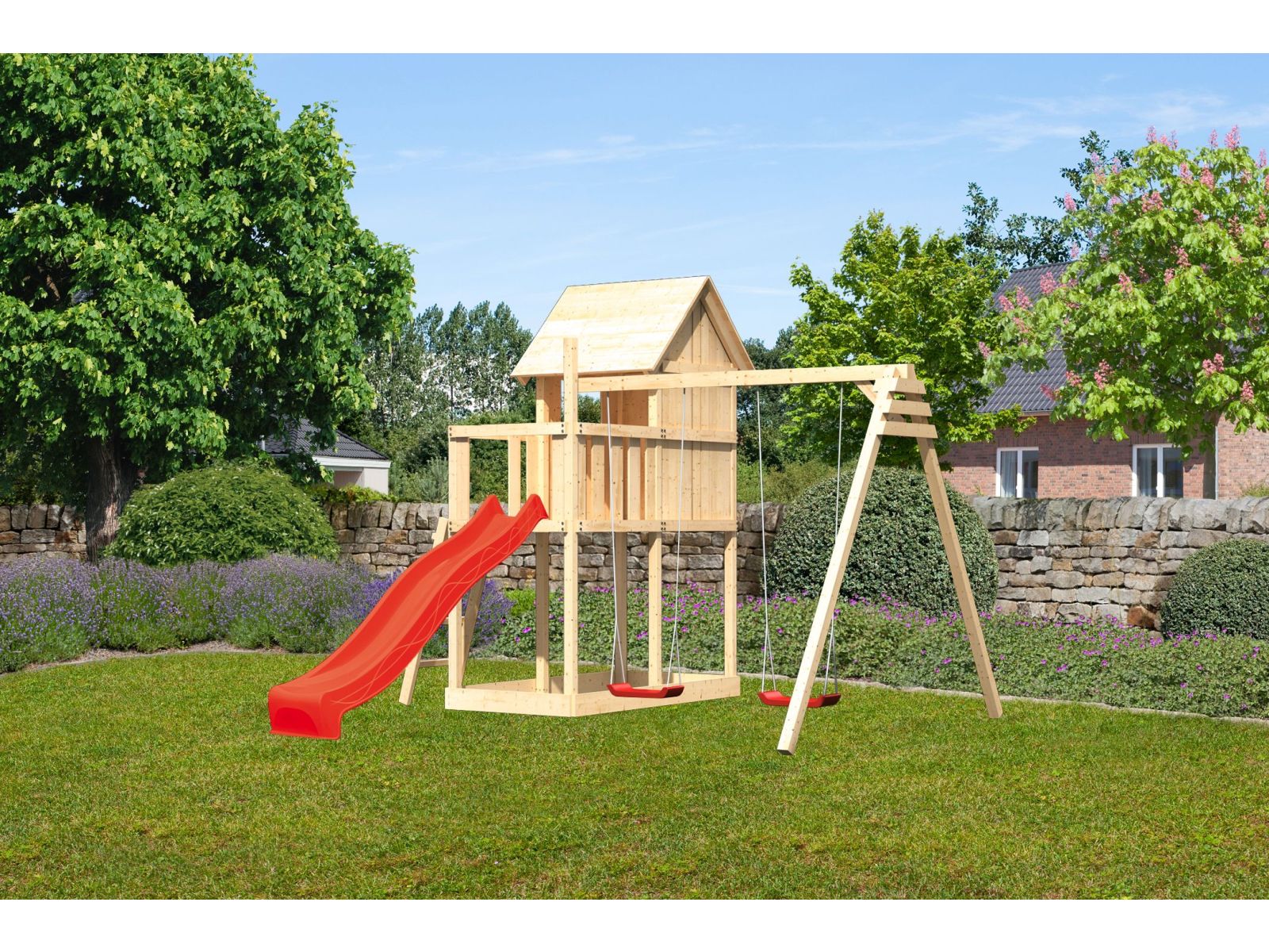 Karibu Stelzenhaus Frieda + Rutsche rot + Doppelschaukel - Image 3