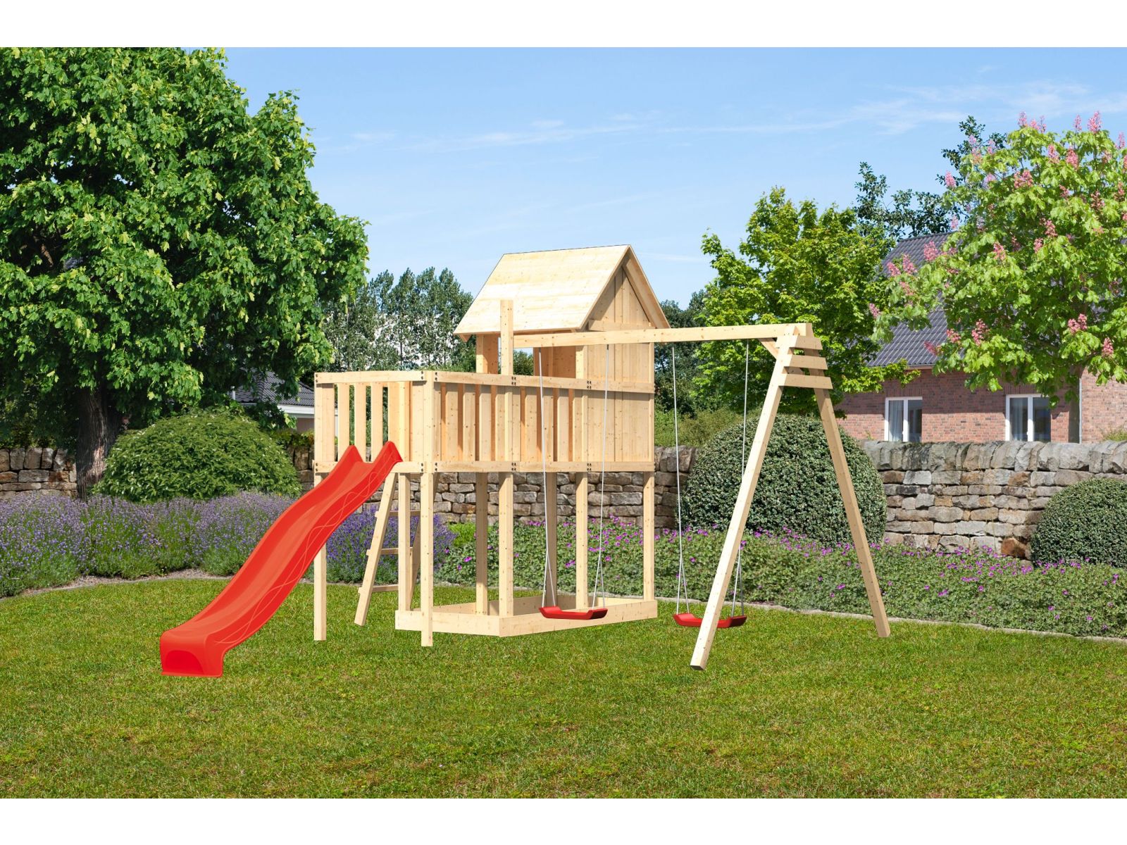 Karibu Stelzenhaus Frieda + Rutsche rot + Doppelschaukel + Anbauplattform - Image 2