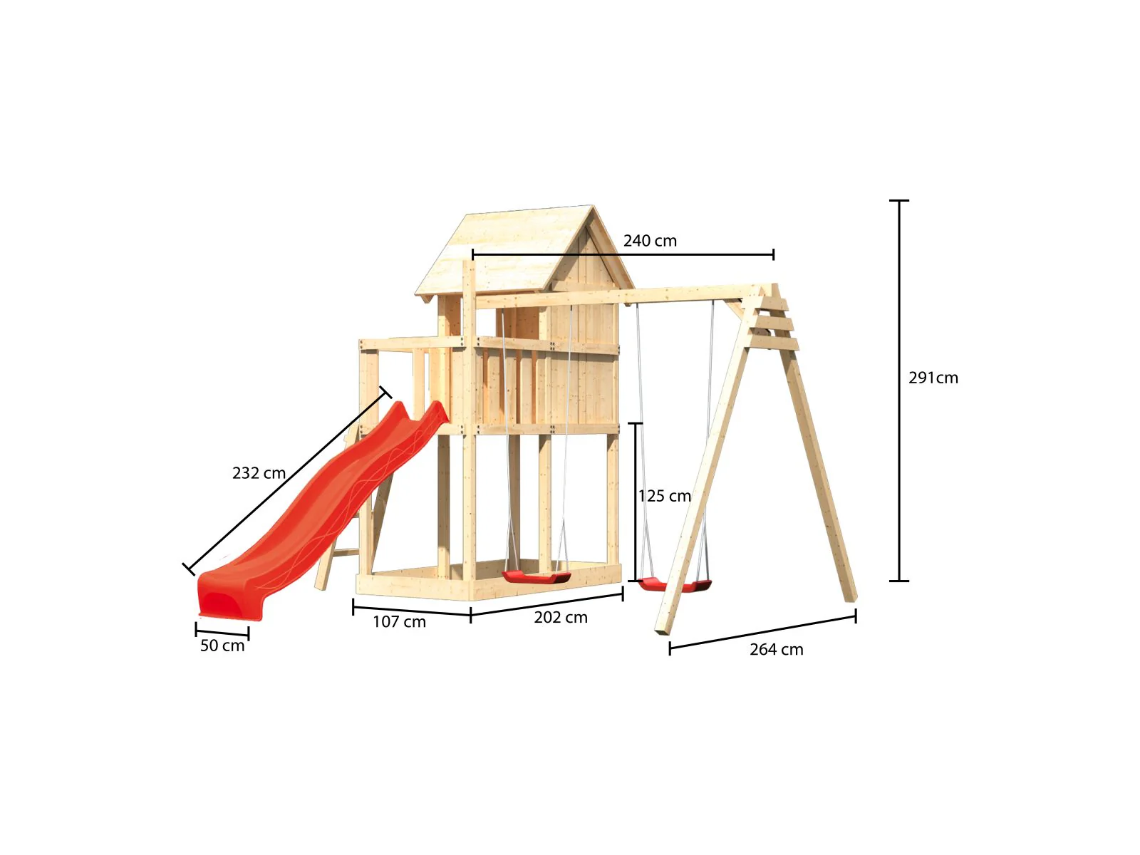 Karibu Stelzenhaus Frieda + Rutsche rot + Doppelschaukel + Anbauplattform - Image 3