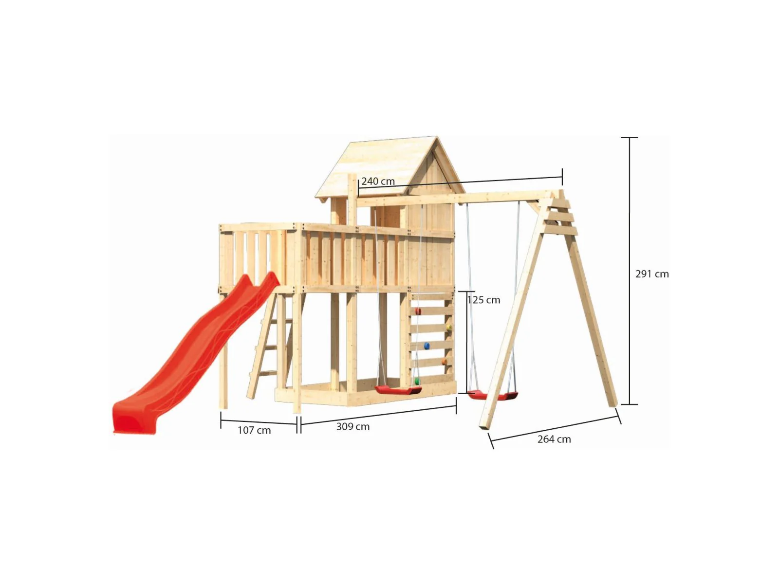 Karibu Stelzenhaus Frieda + Rutsche rot + Doppelschaukel + Anbauplattform + Kletterwand - Image 2